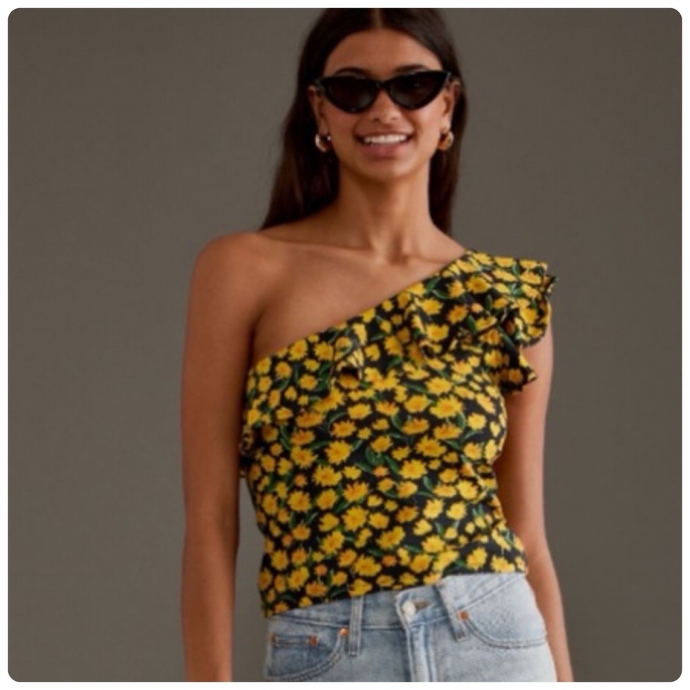 NWT Anthropologie Maeve One-Shoulder Ruffled Yellow Flowers Summer Top Shirt